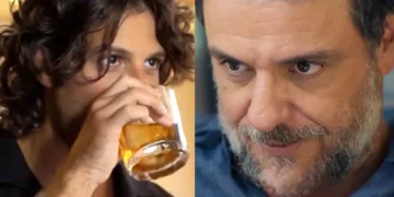 Mavi, com um copo de whisky na boca (à esquerda); Molina furioso (à direita) em Mania de Você.