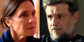 Mércia (à direita) com olhar de surpresa; Molina (à direita) desafiador em Mania de Você.