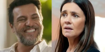Molina sorrindo (à esquerda) e Mércia com olhar de espanto (à direita) em Mania de Você.