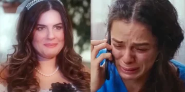Yeliz, vestida de noiva e segurando uma rosa preta (à esquerda); Bahar chorando (à direita), em Força de Mulher.