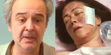 Enver assustado (à esquerda) e Hatice machucada e inconsciente (à direita) em cenas de Força de Mulher.