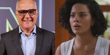 Amauri Soares no lançamento de Vale Tudo e Bella Campos em cena da novela (Foto: Lucas Teixeira/Reprodução/TV Globo)
