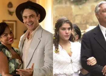 Candinho (Sergio Guizé) e Dita (Jeniffer Nascimento) em Eta Mundo Melhor e Giuliano (Antonio Fagundes) e Maria (Priscila Fantin) em Esperança (Foto: Manoella Mello/João Miguel Júnior/TV Globo)