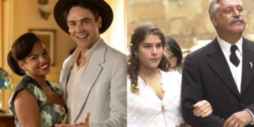 Candinho (Sergio Guizé) e Dita (Jeniffer Nascimento) em Eta Mundo Melhor e Giuliano (Antonio Fagundes) e Maria (Priscila Fantin) em Esperança (Foto: Manoella Mello/João Miguel Júnior/TV Globo)