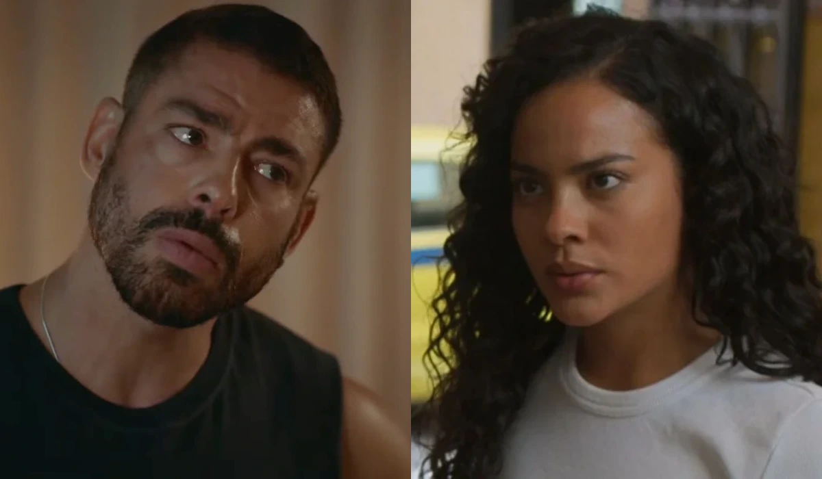 César (Cauã Reymond) e Maria de Fátima (Bella Campos) em Vale Tudo (Foto: Reprodução/TV Globo)