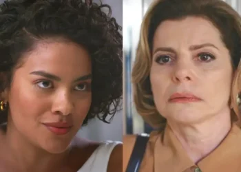 Fátima com olhar desafiador (à esquerda); Odete encurralada (à direita) em Vale Tudo.