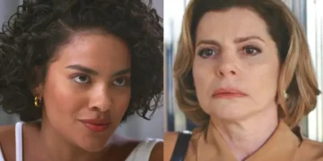 Fátima com olhar desafiador (à esquerda); Odete encurralada (à direita) em Vale Tudo.