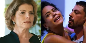 Odete (à esquerda) e Fátima abraçada com César (à direita) em Vale Tudo.