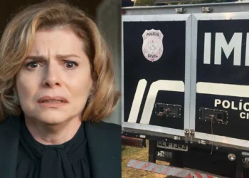 Odete assustada (à esquerda) e rabecão do IML (à direita) em Vale Tudo.