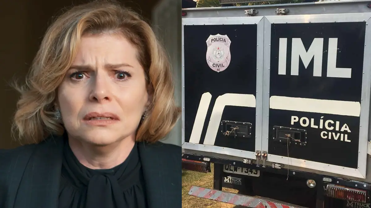 Odete assustada (à esquerda) e rabecão do IML (à direita) em Vale Tudo.