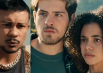 Bagdá (Xamã) confronta Raul (Paulo Mendes) e Joélly (Alana Cabral) em Três Graças (Foto: Reprodução/TV Globo)