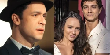 Celso com olhar de decepção (à esquerda) e Estela abraçada com Túlio (à direita).