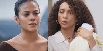 Fátima (à esquerda) e Raquel segurando o neto nos braços (à esquerda) em Vale Tudo.