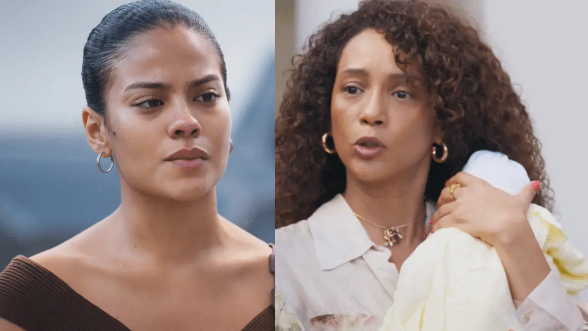 Fátima (à esquerda) e Raquel segurando o neto nos braços (à esquerda) em Vale Tudo.