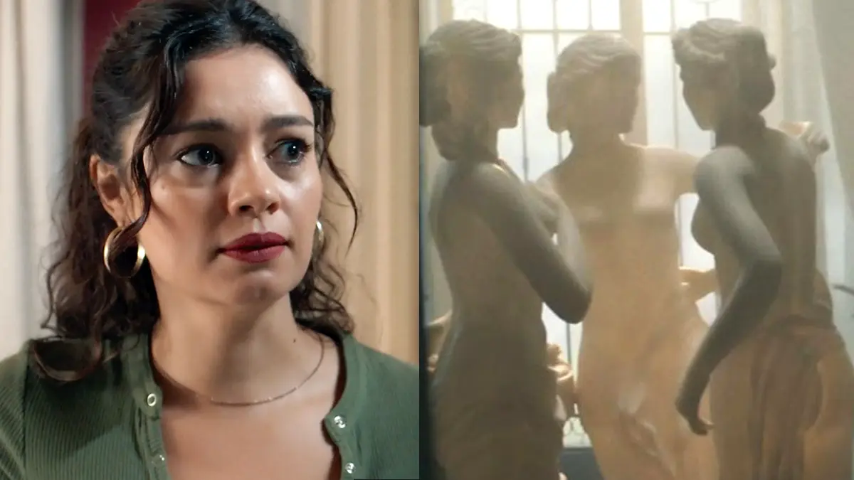 Gerluce (à esquerda) e a estátua das Três Graças (à direita).