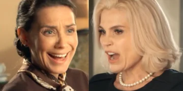 Inês sorrindo (à esquerda) e Sandra furiosa (à direita) em Eta Mundo Melhor.