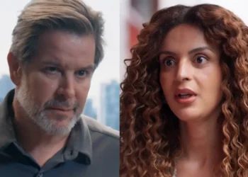 Ferette com olhar desafiador (à esquerda) e Viviane assustada (à direita) em Três Graças.