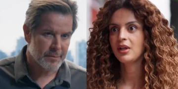 Ferette com olhar desafiador (à esquerda) e Viviane assustada (à direita) em Três Graças.