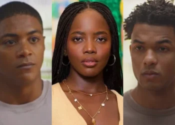 Leona (Clara Moneke) com Marlon (Humberto Morais) e Samuel (Juan Paiva) em Dona de Mim (Foto: Manoella Mello/Reprodução/TV Globo)