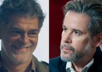 Rogério sorrindo (à esquerda) e Ferette (à direita) em cenas de Três Graças.