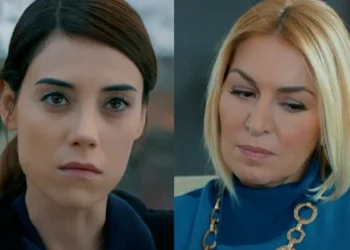 Zeynep com olhar desafiador (à esquerda) e Cahide envergonhada (à direita) na novela Mãe.