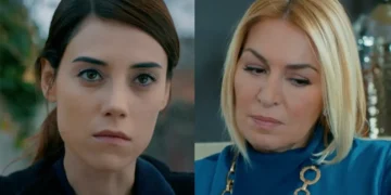 Zeynep com olhar desafiador (à esquerda) e Cahide envergonhada (à direita) na novela Mãe.