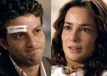 Pedro (à esquerda), com olhar de decepção; Bruna (à direita) em cena de Quem Ama Cuida.