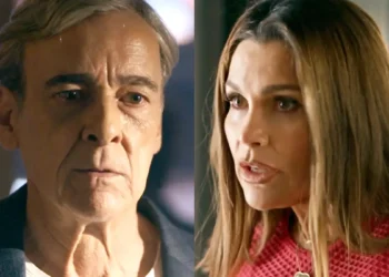 Ulisses (à esquerda) com olhar ausente; Fábia em choque (à direita) em cenas de Quem Ama Cuida.