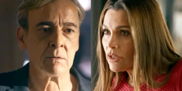 Ulisses (à esquerda) com olhar ausente; Fábia em choque (à direita) em cenas de Quem Ama Cuida.
