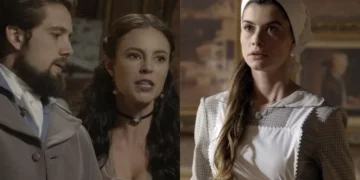 Felipe, Melissa e Lívia em Além do Tempo. (Foto: reprodução/Globo)