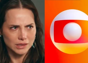Adriana de Quem Ama Cuida (à esquerda); Logo da Globo (à direita).