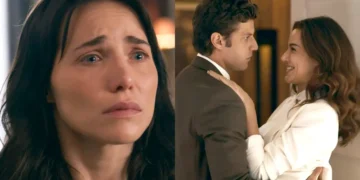 Adriana (à esquerda); Pedro e Bruna abraçados (à direita) em Quem Ama Cuida.