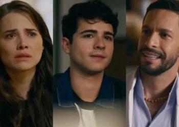 Adriana (Letícia Colin), Mau Mau (João Victor Gonçalves) e César (Rainer Cadete) em Quem Ama Cuida (Foto: Reprodução/TV Globo)