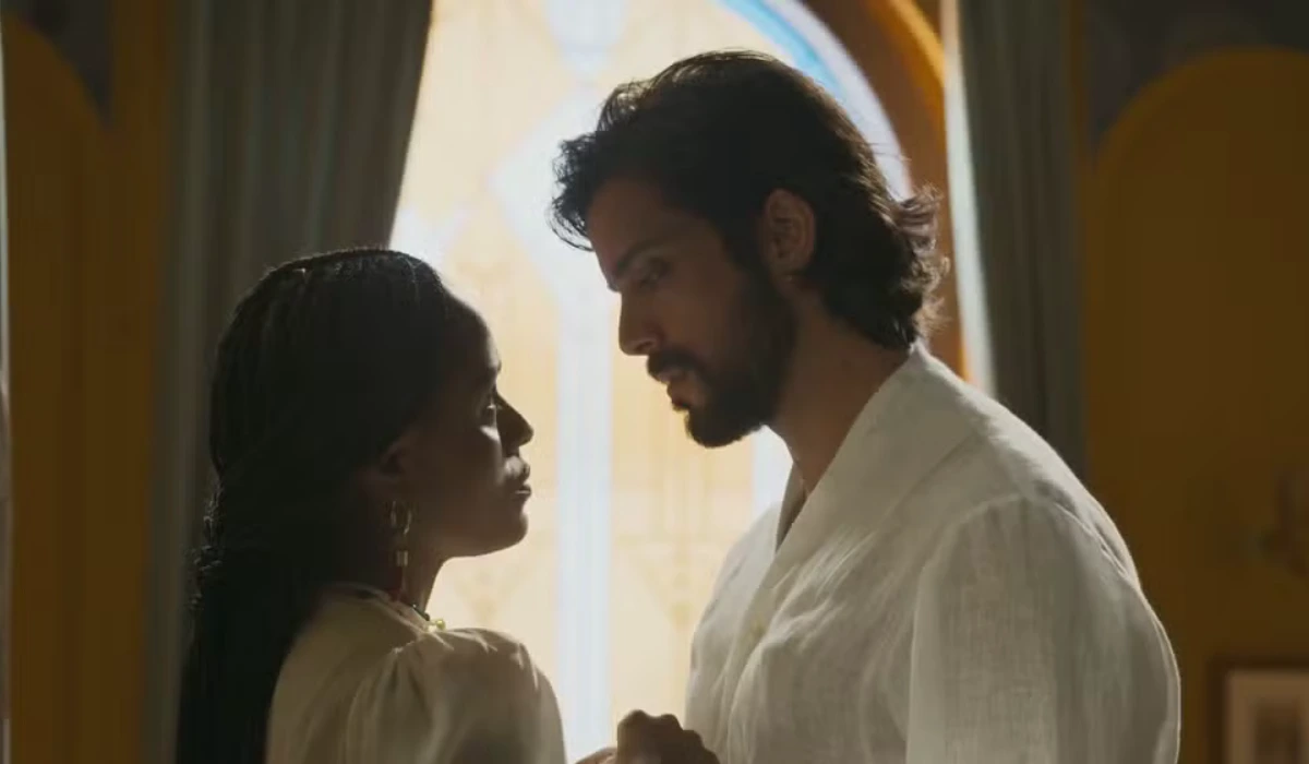 Alika (Duda Santos) e Omar (Rodrigo Simas) em A Nobreza do Amor (Foto: Reprodução/TV Globo)