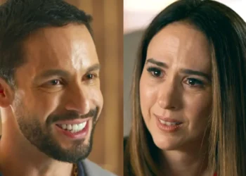 César sorrindo (à esquerda) e Brigitte (à direita) em Quem Ama Cuida.