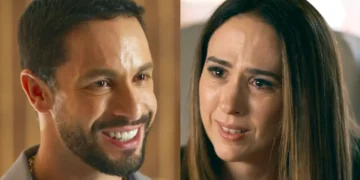 César sorrindo (à esquerda) e Brigitte (à direita) em Quem Ama Cuida.