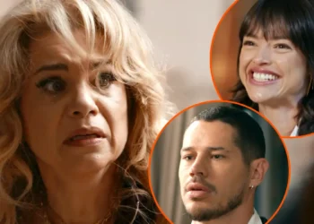 Pilar assustada (à esquerda) e duas imagens em formato redondo, com traçado fino laranja, com Ingrid e Iuri em cada uma.