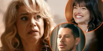 Pilar assustada (à esquerda) e duas imagens em formato redondo, com traçado fino laranja, com Ingrid e Iuri em cada uma.