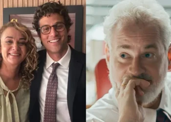 Pedro abraçado com Carla (à esquerda) e Ademir pensativo (à direita) em Quem Ama Cuida.