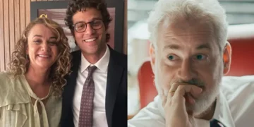 Pedro abraçado com Carla (à esquerda) e Ademir pensativo (à direita) em Quem Ama Cuida.