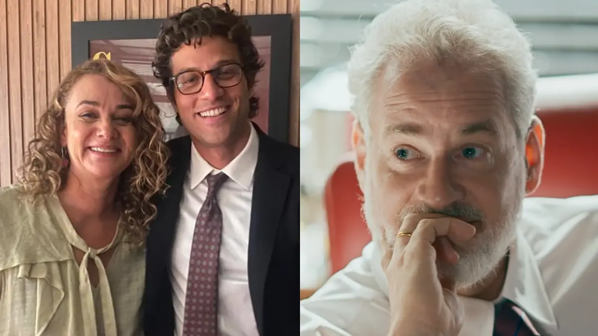 Pedro abraçado com Carla (à esquerda) e Ademir pensativo (à direita) em Quem Ama Cuida.