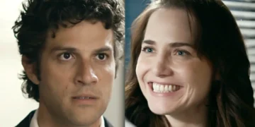 Pedro (à esquerda) e Adriana sorrindo (à direita) em Quem Ama Cuida.