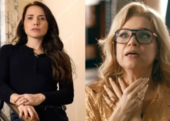 Adriana poderosa à esquerda e Pilar assustada à direita em Quem Ama Cuida.