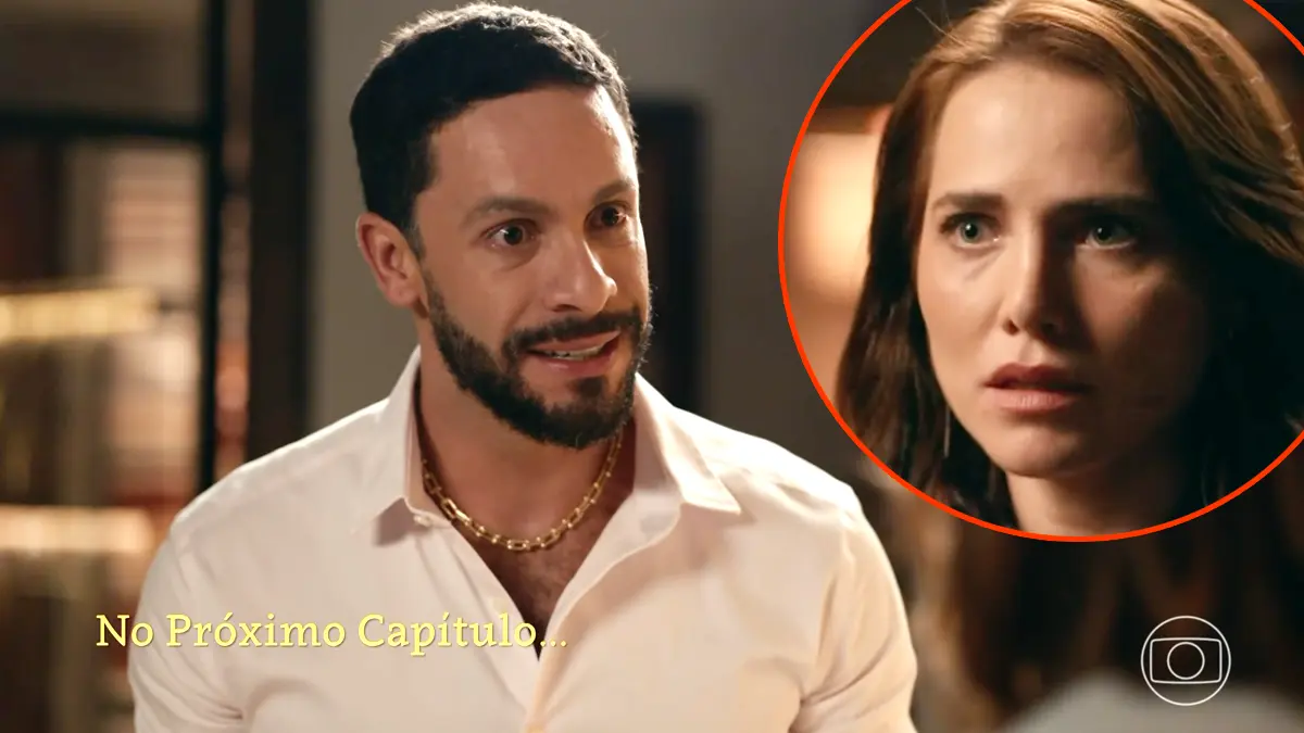 César (à esquerda) e Adriana destacada em um círculo (à direita) em Quem Ama Cuida.