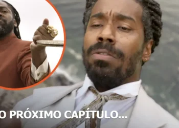Jendal segurando Malungo pela gravata em um penhasco, em cena de A Nobreza do Amor.