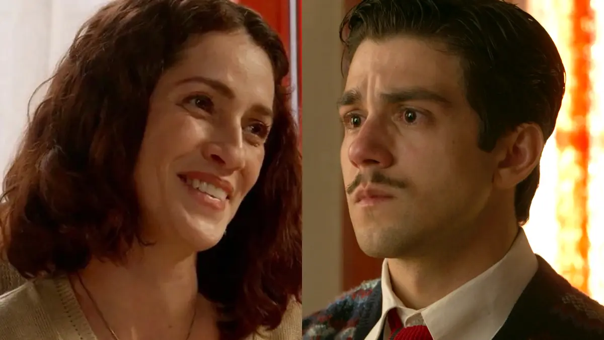 Maria Helena (à esquerda) sorrindo; Manoel (à direita) em cenas de A Nobreza do Amor.