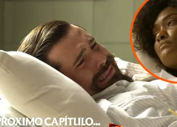 Mirinho na cama fazendo transfusão de sangue para Niara em A Nobreza do Amor.