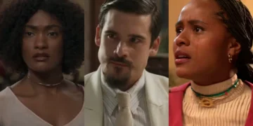 Niara (Erika Januza), Mirinho (Nicolas Prattes) e Alika (Duda Santos) em A Nobreza do Amor (Foto: Reprodução/TV Globo)