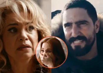 Pilar assustada (à esquerda), Heitor sorrindo (à direita) e Adriana (centro) em Quem Ama Cuida.