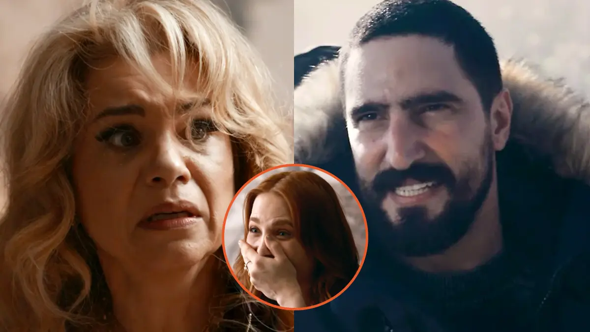 Pilar assustada (à esquerda), Heitor sorrindo (à direita) e Adriana (centro) em Quem Ama Cuida.